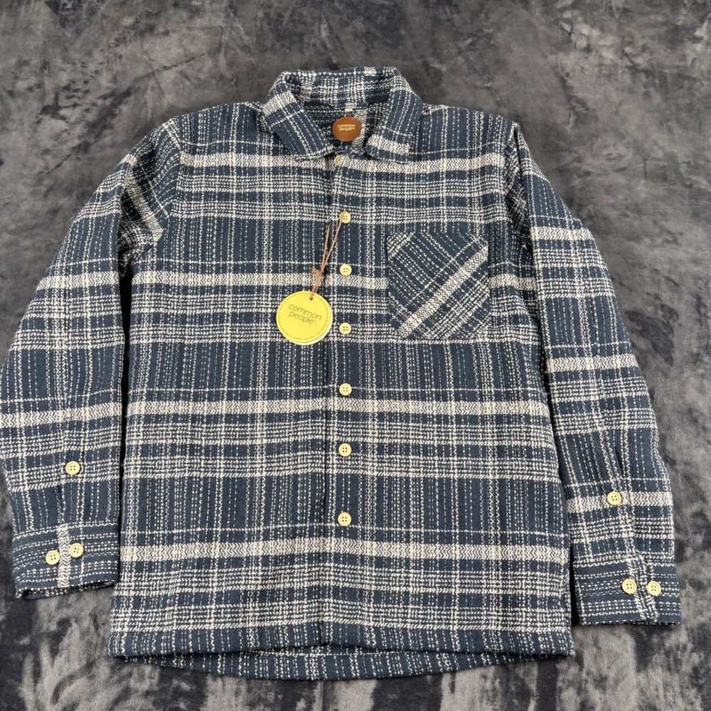 Common People Button Down Shirt Mens S Blue Plaid Textured Woven Long Sleeve